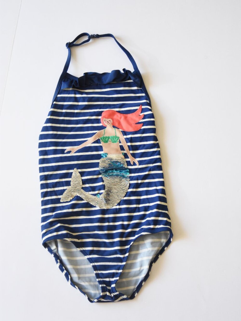 Mini Boden Girls Mermaid Swimsuit 8-9Y Blue Stripe Color Change Sequin 134cm